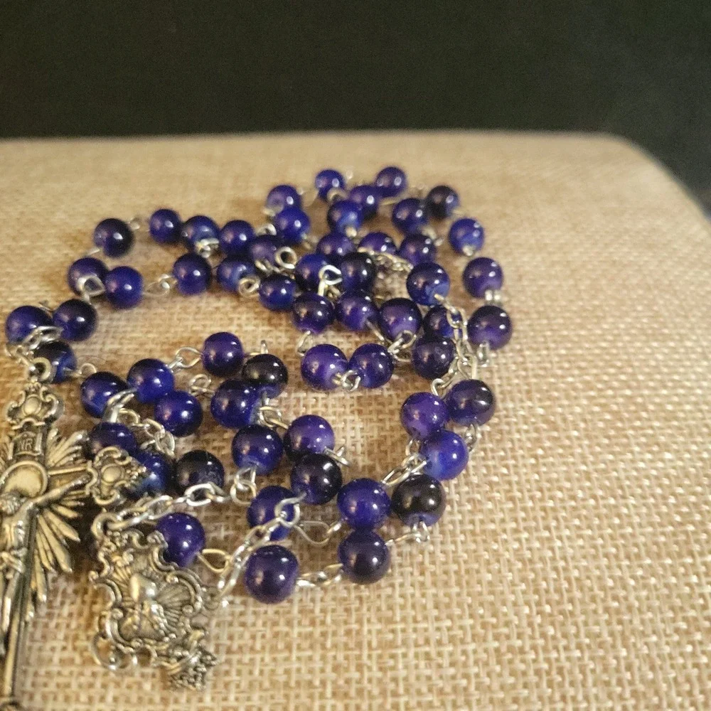 Purple Glass Bead Rosary Fatima 1917-2017 Silver Tone Crucifix 28 Inch Gothic